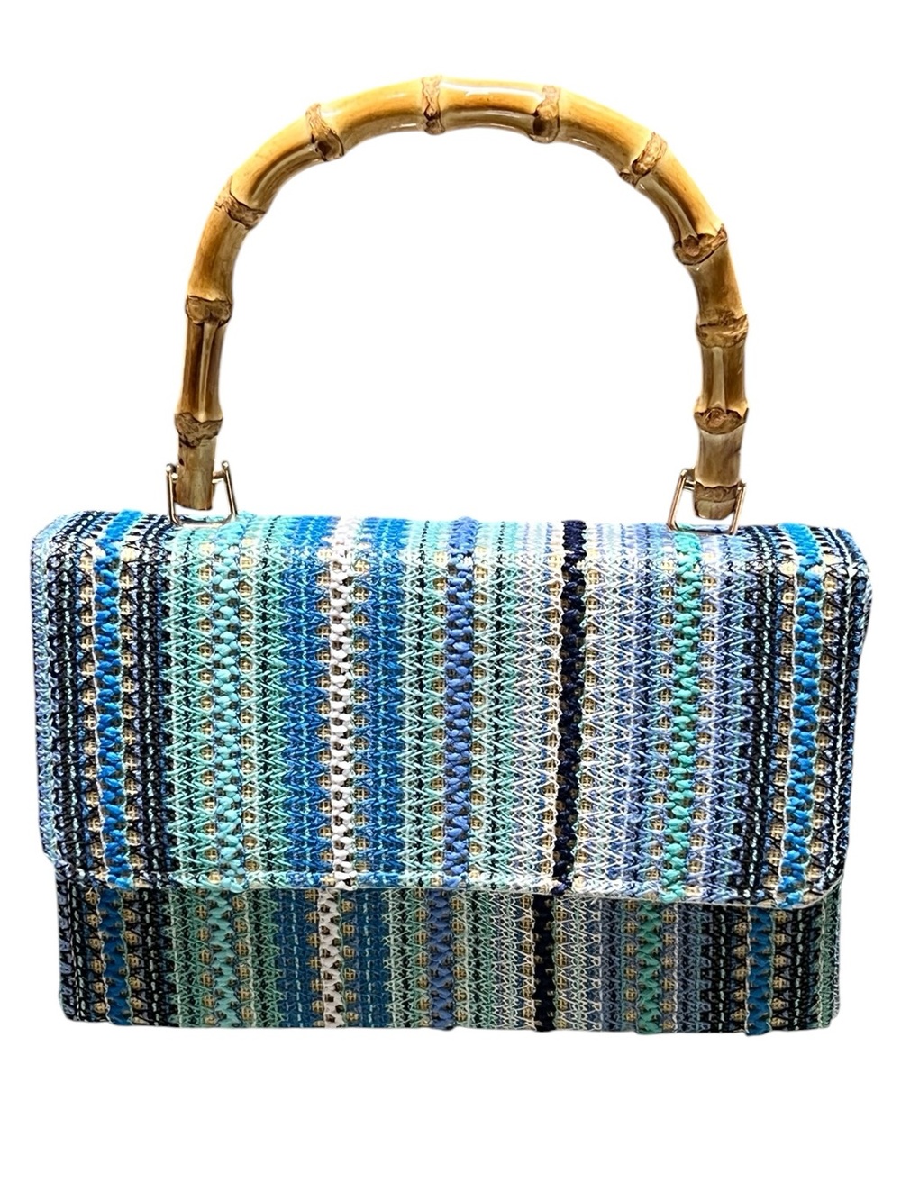 Haute Hippie blue and gold striped woven handbag with bamboo handle
